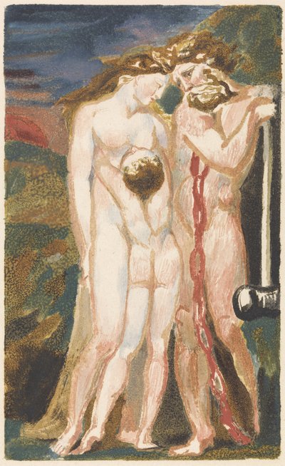 Nude woman looking down at a boy and to the right, a bearded man leaning on a hammer, plate 18 from The First Book of Urizen, 1794 by William Blake